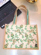 Naaz (ناز) Embroidered Jute Tote Bag – Green Floral Handcrafted Tote for Women